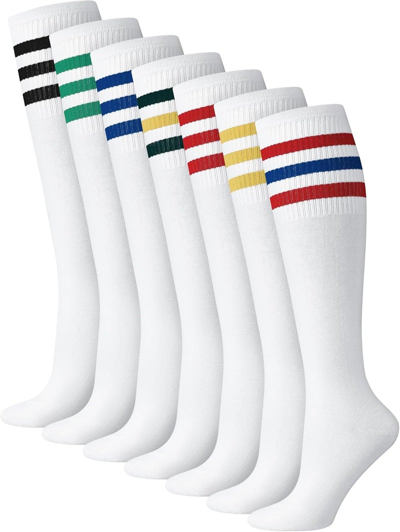 Breathffy 7 Pairs Retro Striped Tube Socks White over the Calf Tube Hoses Men Knee High Striped Athletic Socks for Men, Size 10-13, Multicolor - Image 1